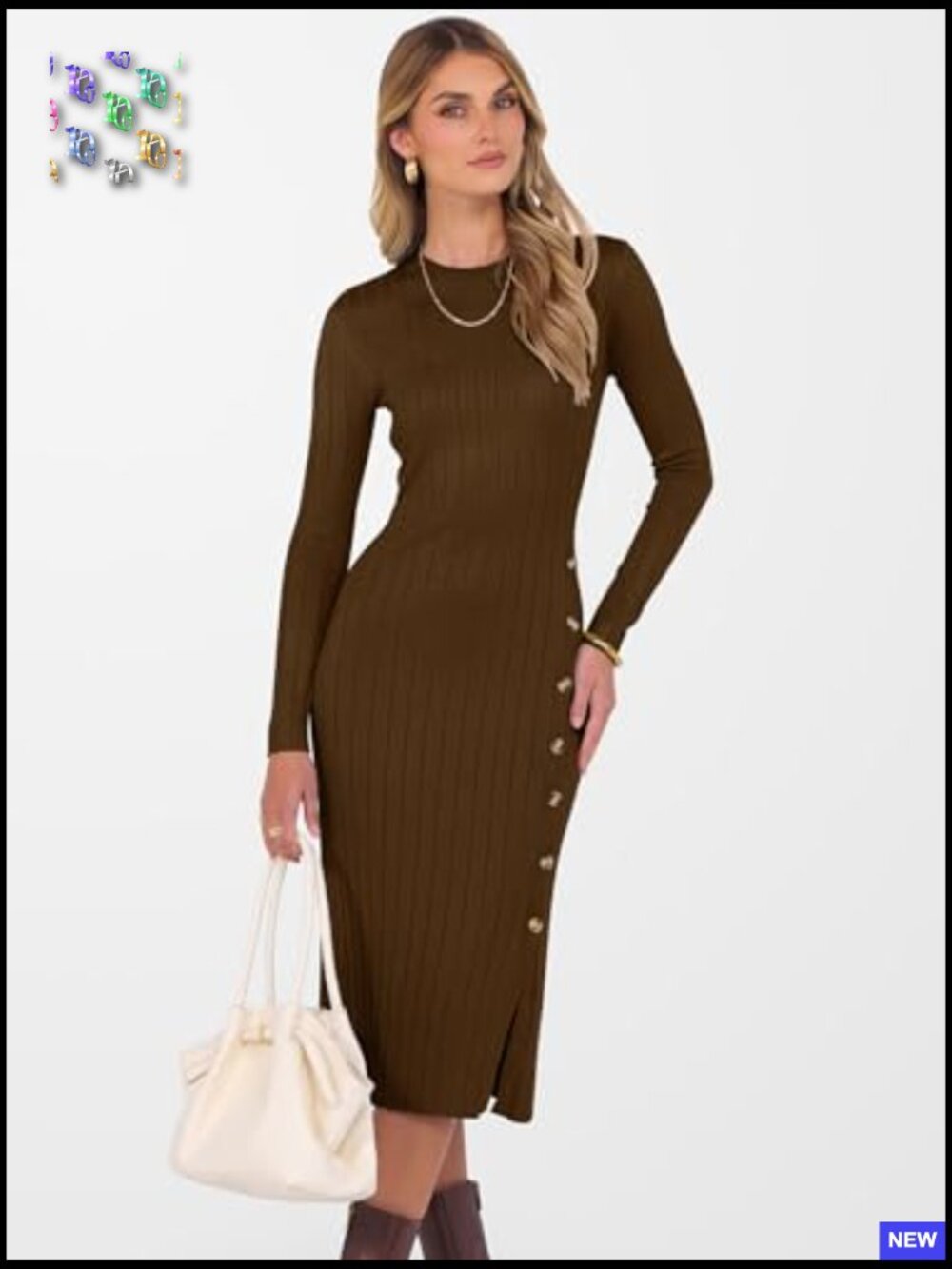 Long Sleeve Midi Dress Ribbed Knit Bodycon Fitted Button Down Sweater Dress - Picture 4 of 7